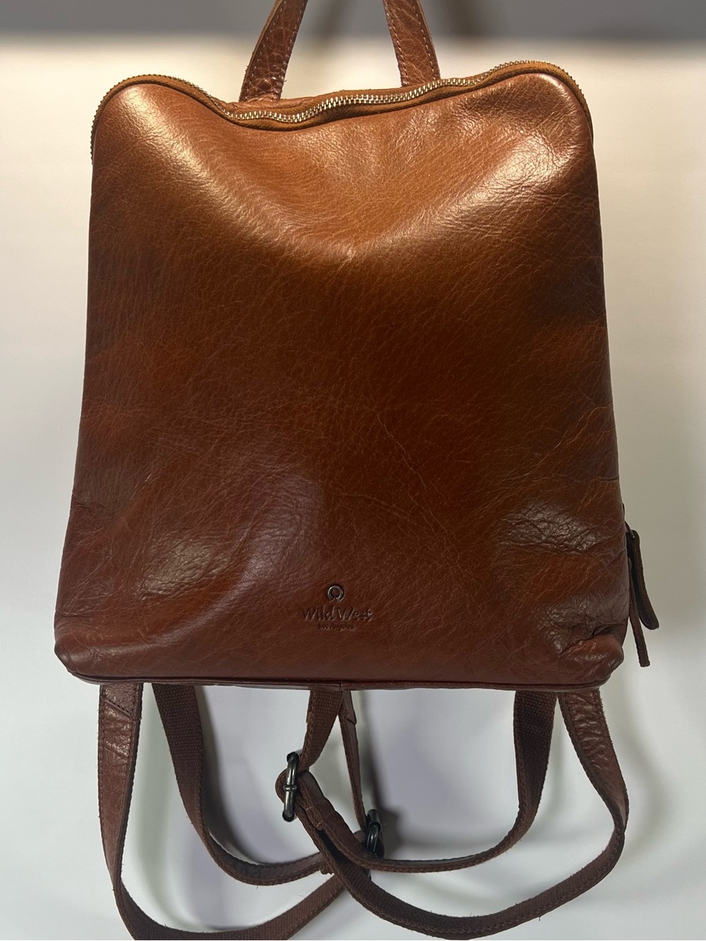 Wild West Los Angeles Cognac Brown Leather Backpack Plaid Interior Card Slots +